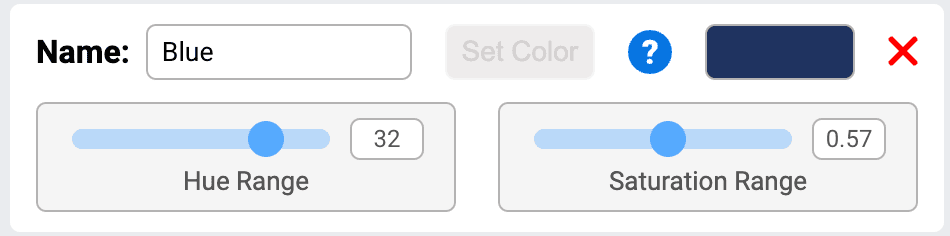 AI Vision Utility, jossa näkyvät väriallekirjoituksen asetukset. Väritunnus on nimeltään Sininen, ja sen sävyalue (Hue Range) on 32 ja kylläisyysalue (Saturation Range) 0,57. Kunkin asetuksen alla on Sävyalue- ja Kylläisyysalue-liukusäätimet.