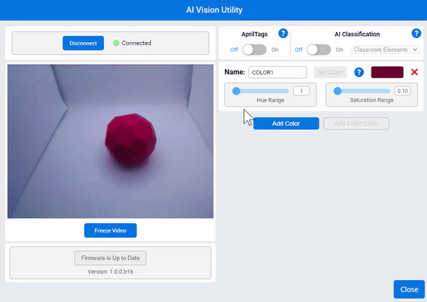 Videó, amelyen a Telítettségi tartomány csúszkáját fokozatosan növeljük 0-tól, amíg a videóban látható piros Buckyball teljesen kiemelésre nem kerül a Színaláírás téglalapja által.