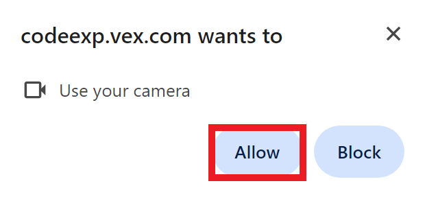 Výzva prohlížeče s textem codeexp.vex.com chce používat váš fotoaparát. Níže jsou uvedeny dvě možnosti: Povolit a Blokovat. Možnost Povolit je zvýrazněna.