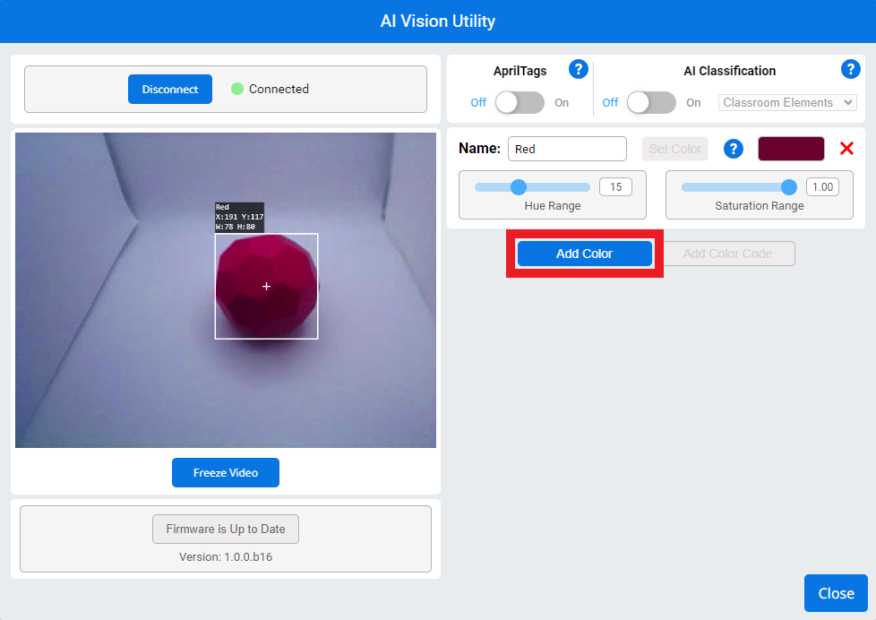 De vorige kleursignatuur is hernoemd naar Rood en de knop Kleur toevoegen is nu hieronder gemarkeerd.