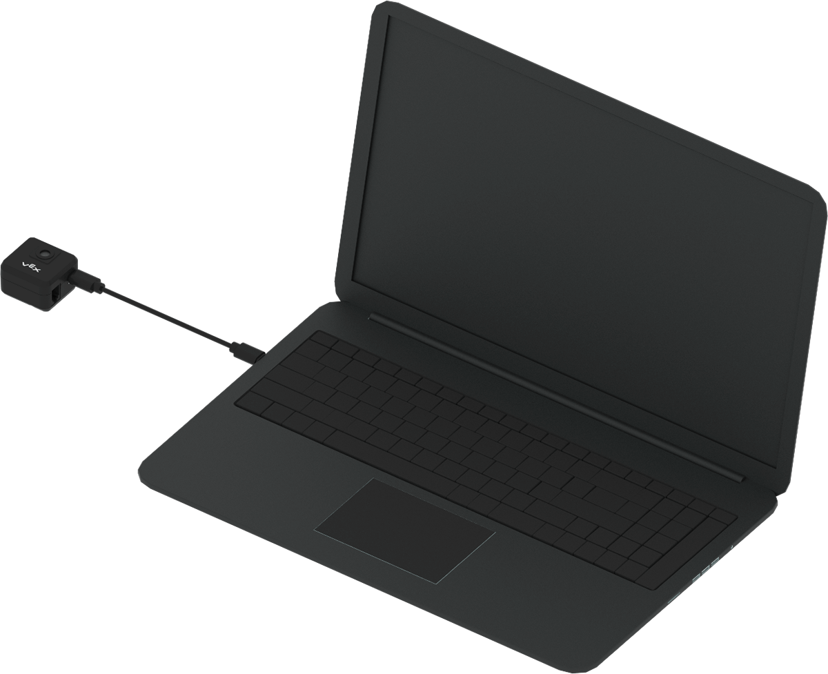 AI Vision Sensor aangesloten op een laptop via een USC C-kabel.