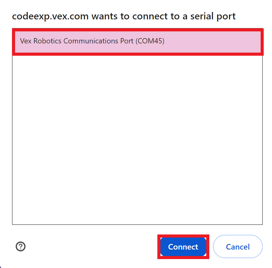Browserverbindingsvenster, met de optie VEX Robotics Communications Port. De optie Communicatiepoort is gemarkeerd, en daaronder is de knop Verbinden gemarkeerd.