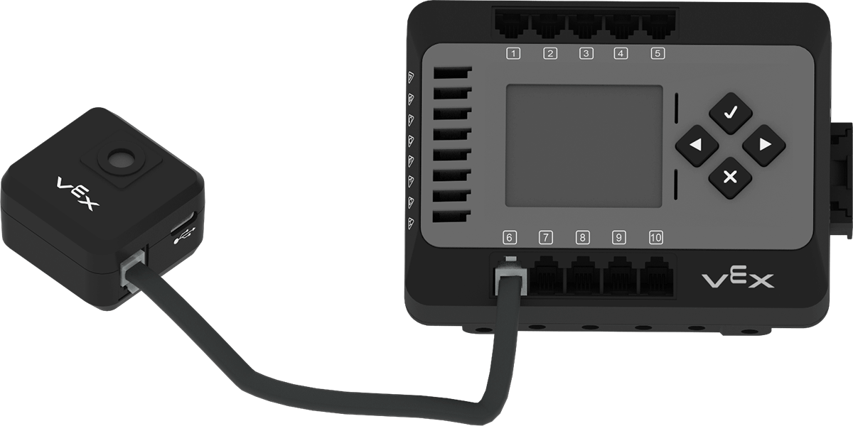 AI Vision Sensor verbonden met een EXP Brain via een Smart Cable.