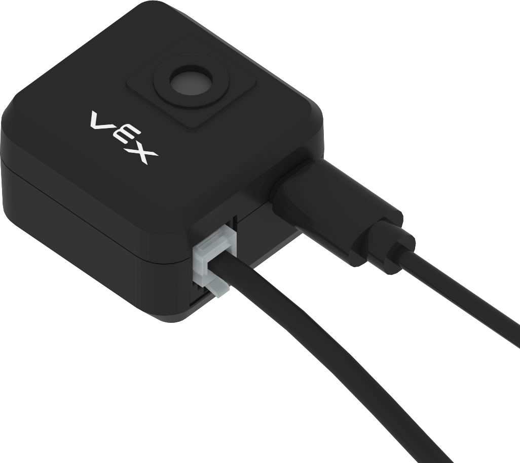 La pieza del sensor de visión AI se muestra con un cable de puerto inteligente conectado y un cable USB conectado.