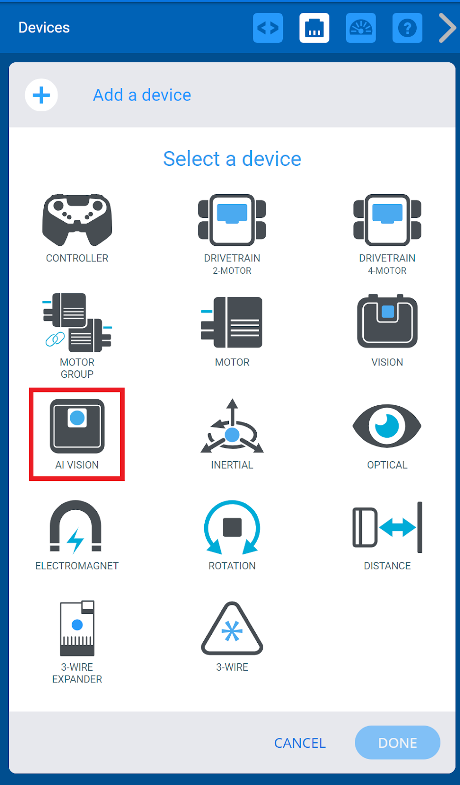 Menu Thiết bị EXP VEXcode sau khi nút Thêm thiết bị được chọn. Tùy chọn AI Vision được đánh dấu nổi bật.