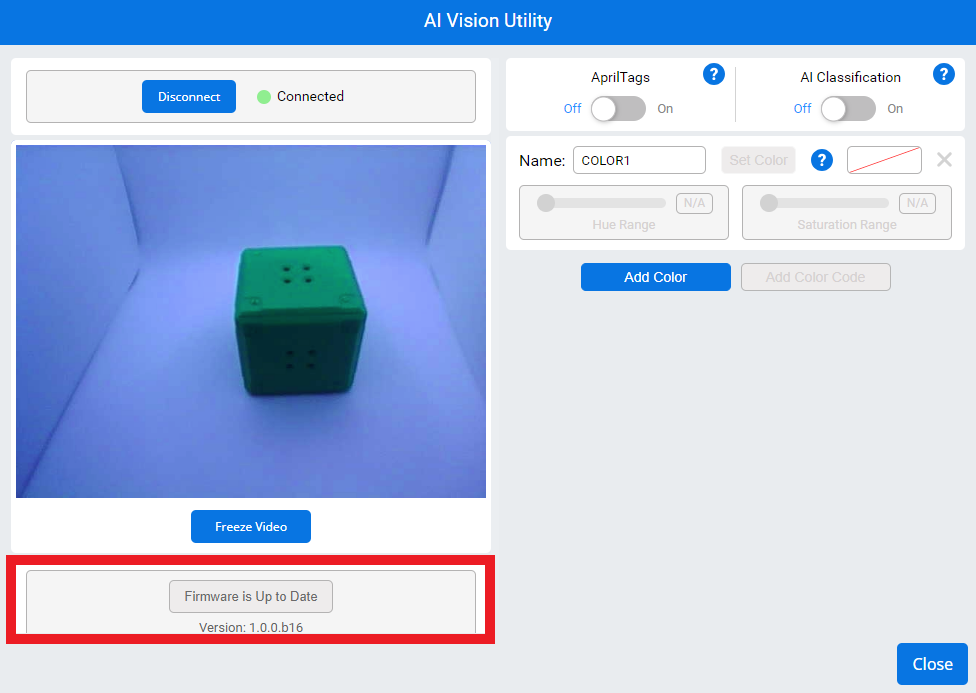 AI Vision Utility izvēlne ar iezīmētu pogu zem pašreizējā skata, kurā redzams teksts “Aparātprogrammatūra ir atjaunināta”. Poga ir pelēka, un pašreizējā versija ir norādīta zemāk. Šajā piemērā versija ir 1.0.0.b16.
