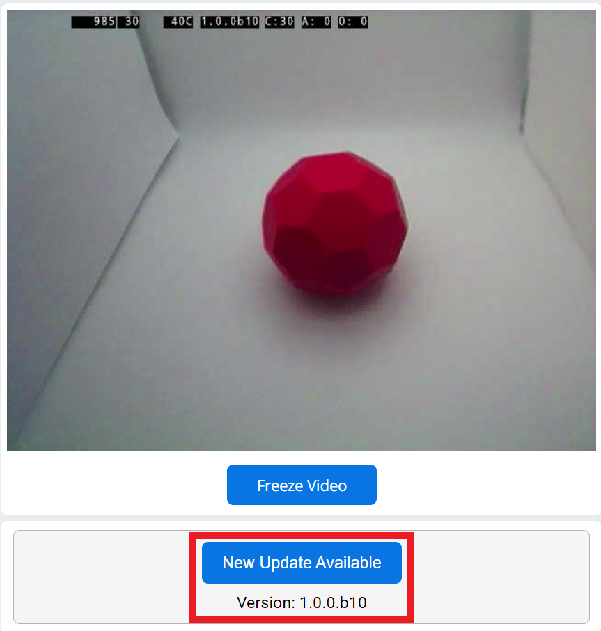 Menu AI Vision Utility con un pulsante evidenziato sotto la vista corrente che riporta Nuovo aggiornamento disponibile. Sotto il pulsante è elencata la versione, in questo esempio è Versione 1.0.0.b10.