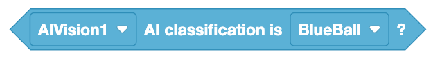 VEXcode EXP AI Classification は、AIVision1 AI classification が BlueBall であると読み取るブロックです。 AI ビジョン センサーを選択するためのドロップダウンと、ターゲット AI 分類オブジェクトを選択するための別のドロップダウン メニューがあります。