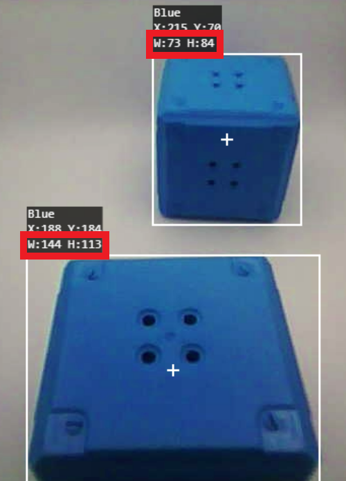 Zwei blaue kubische Objekte werden von einem visuellen Erkennungssystem verfolgt. Der obere Würfel hat einen weißen Umriss mit einer Beschriftung, die seine Position als X:215, Y:70 und die Abmessungen B:73, H:84 angibt. Der untere Würfel hat einen ähnlichen weißen Umriss mit der Beschriftung X:188, Y:184 und den Abmessungen B:144, H:113. Jeder Würfel hat in der Mitte ein weißes Kreuz, das wahrscheinlich den Brennpunkt für die Verfolgung anzeigt. Die Beschriftungen heben die Messungen und Trackingdaten für jedes Objekt hervor.