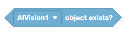 Es existiert ein hellblauer sechseckiger Codierungsblock mit dem Text „AIVision1-Objekt?“ Dieser Block ist Teil einer blockbasierten Codierungsumgebung und wird normalerweise verwendet, um zu überprüfen, ob ein Objekt vom AI Vision-Sensor mit der Bezeichnung AIVision1 erkannt wird. Der Block ist so konzipiert, dass er in eine modulare Codierungsstruktur mit den für solche Umgebungen charakteristischen leichten Kurven und Formen passt.