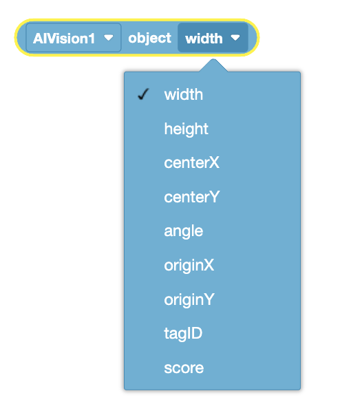Ein Dropdown-Menü zur Auswahl von Objekteigenschaften im Zusammenhang mit AIVision1. Die ausgewählte Option ist „Breite“ und das Menü listet weitere Optionen auf, darunter „Höhe“, „Mitte X“, „Mitte Y“, „Winkel“, „Ursprung X“, „Ursprung Y“, „Tag-ID“ und „Punktzahl“. Mit diesen Optionen kann der Benutzer bestimmte Datenpunkte des vom AI Vision-Sensor erkannten Objekts abrufen und so verschiedene Eigenschaften des Objekts flexibel verfolgen oder messen.
