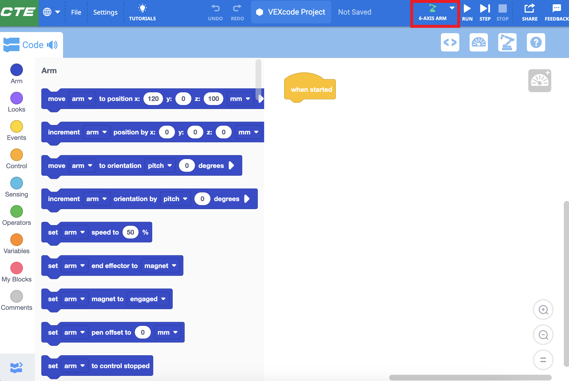 Diagrama, iliustruojanti 6 ašių rankos prijungimo procesą karjeros ir techninio išsilavinimo kontekste, su pažymėtais komponentais ir nuosekliomis sąrankos instrukcijomis.