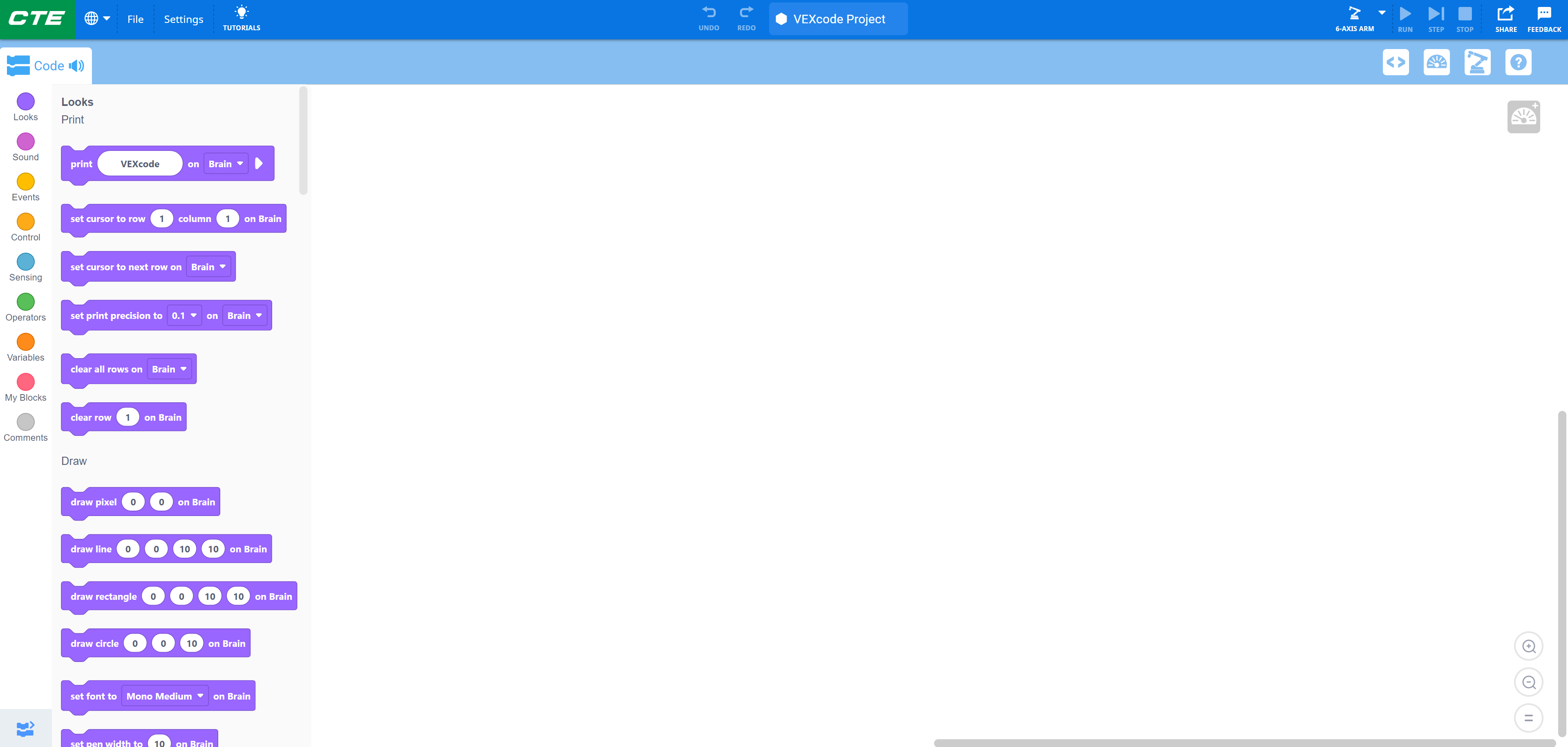 CTE (職業技術教育) アプリケーション用の 6 軸アームへの接続方法を示す図。適切な組み立てと操作のためにラベルの付いたコンポーネントと接続ポイントを示しています。