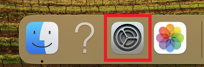 Het instellingenpictogram is gemarkeerd in het macOS Dock onderaan het scherm.