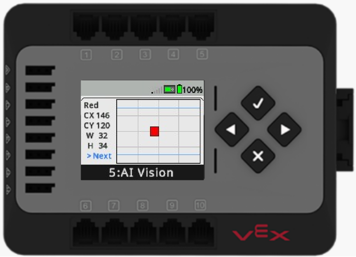 La pantalla de EXP Brain se muestra en el menú del sensor AI Vision. El menú muestra todos los objetos rojos identificados y sus ubicaciones como rectángulos en la pantalla del cerebro.