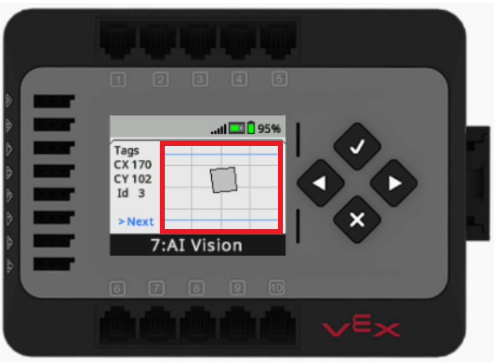 EXP Brain의 화면은 AI Vision 센서의 메뉴에 표시됩니다. 메뉴가 변경되어 AprilTags와 해당 ID, 위치가 Brain 화면에 사각형으로 표시됩니다. 4월태그는 Brain 화면에서 식별되어 강조 표시됩니다.
