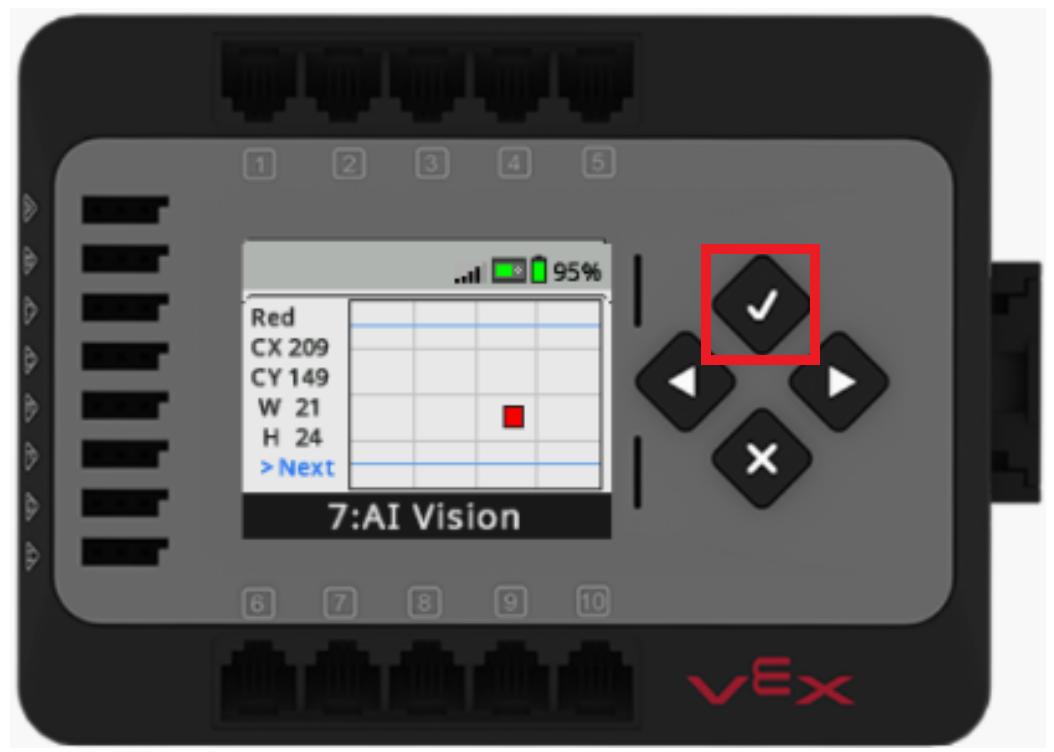 Het scherm van EXP Brain wordt weergegeven in het menu van de AI Vision-sensor. Het menu toont alle geïdentificeerde Rode objecten en hun locaties als rechthoeken op het scherm van de Brain. De knop Controleren is gemarkeerd.