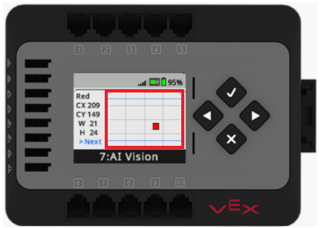 La pantalla de EXP Brain se muestra en el menú del sensor AI Vision. El menú muestra todos los objetos rojos identificados y sus ubicaciones como rectángulos en la pantalla del cerebro. Se muestra y resalta un objeto rojo identificado.