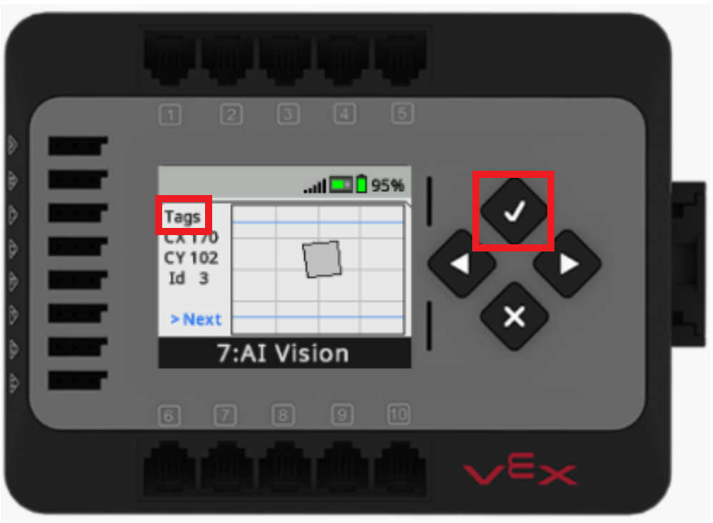 La pantalla de EXP Brain se muestra en el menú del sensor AI Vision. El menú se cambia para mostrar AprilTags y sus ID y ubicaciones como rectángulos en la pantalla de Brain. El botón Comprobar está resaltado.