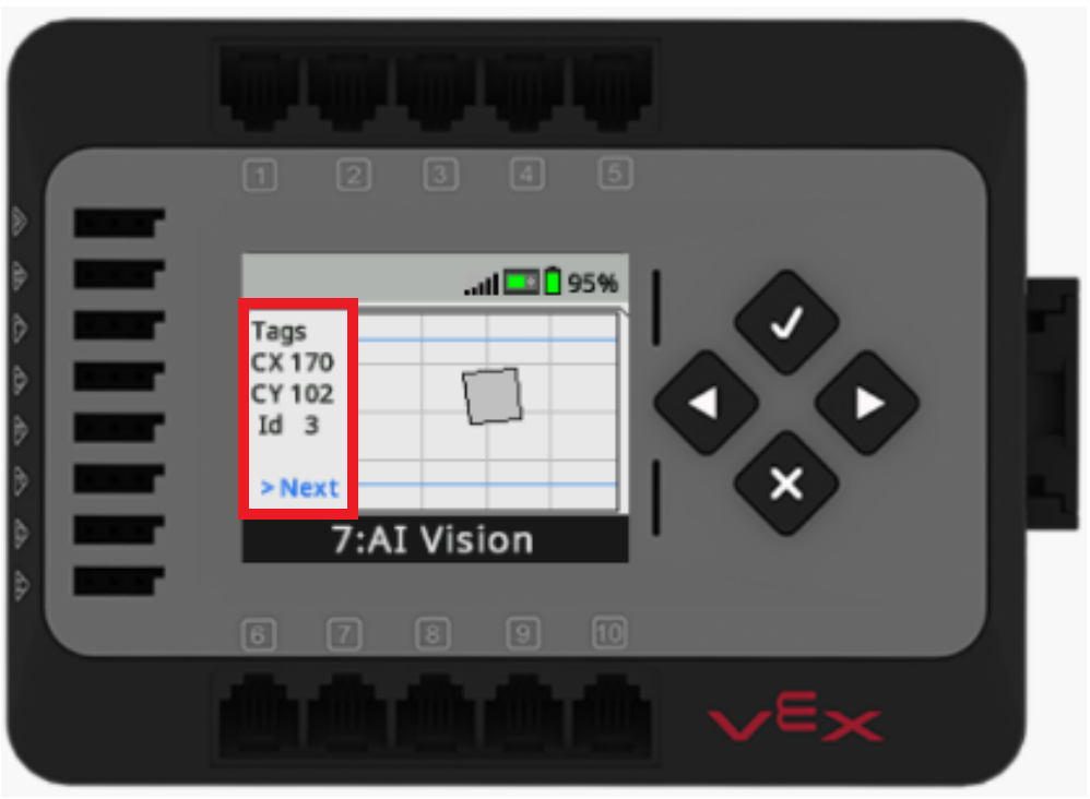 La pantalla de EXP Brain se muestra en el menú del sensor AI Vision. El menú muestra todas las etiquetas de abril identificadas y sus ID y ubicaciones como rectángulos en la pantalla del cerebro. En el lado izquierdo de la pantalla, un menú muestra la posición y el ID de AprilTag seleccionados, y debajo de una etiqueta indica que los botones de flecha se pueden usar para seleccionar entre AprilTags.