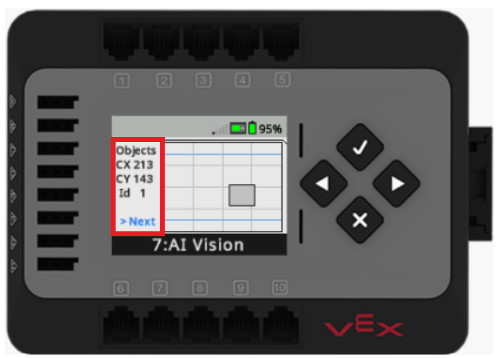 La pantalla de EXP Brain se muestra en el menú del sensor AI Vision. El menú muestra todas las clasificaciones de IA identificadas y sus ID y ubicaciones como rectángulos en la pantalla del cerebro. En el lado izquierdo de la pantalla, un menú muestra la posición y el ID del objeto seleccionado, y debajo de una etiqueta indica que los botones de flecha se pueden usar para seleccionar entre objetos.