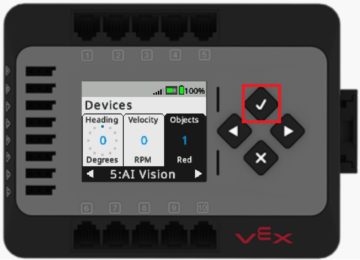 O ecrã do EXP Brain é apresentado no menu Dispositivos com o sensor AI Vision selecionado na porta 5. O botão Verificar está destacado.