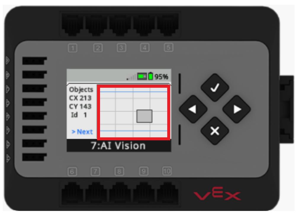 O ecrã do EXP Brain é apresentado no menu do sensor AI Vision. O menu foi alterado para apresentar as Classificações de IA, os seus IDs e localizações como retângulos no ecrã do Brain. Um objeto é identificado e destacado no ecrã do cérebro.