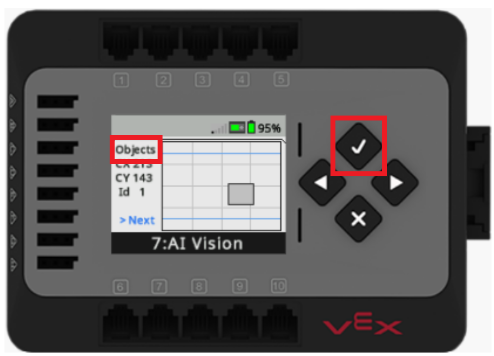 EXP Brain экраны AI Vision сенсорының мәзірінде көрсетіледі. Мәзір AI классификацияларын және олардың идентификаторлары мен орындарын Мидың экранында тіктөртбұрыштар ретінде көрсету үшін өзгертілді. Тексеру түймесі бөлектеледі.
