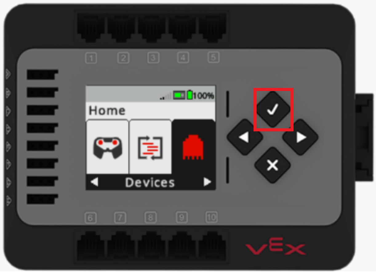 La pantalla de EXP Brain se muestra en el menú Inicio con la opción Dispositivos seleccionada. Dispositivos es la tercera opción en el menú Inicio, y el botón Comprobar está resaltado.