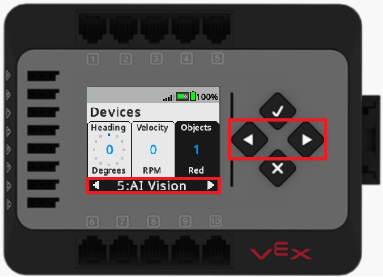 La pantalla de EXP Brain se muestra en el menú Dispositivos con el sensor AI Vision en el Puerto 5 seleccionado. Los botones de flecha izquierda y derecha están resaltados.