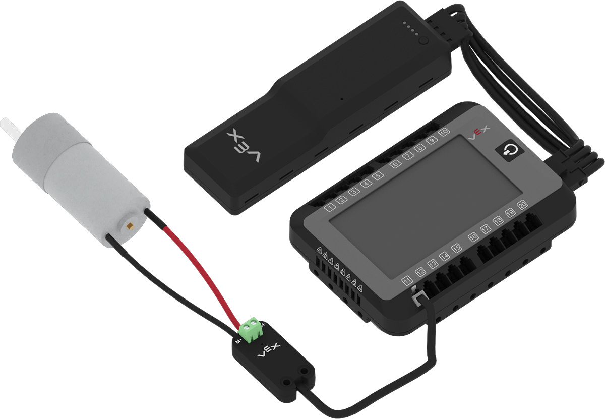 VEX ロボットに関連する、寸法、出力、接続ポイントなど、V5 モーターの仕様と機能を示す図。