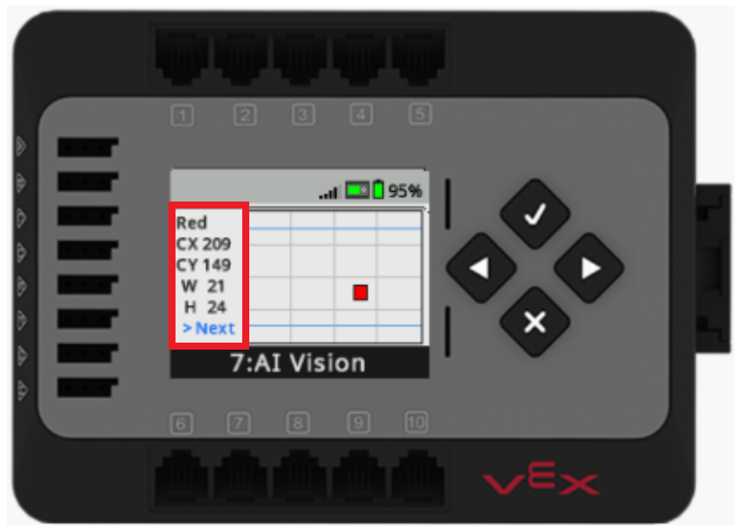 Экран EXP Brain отображается в меню датчика AI Vision. Меню показывает все идентифицированные красные объекты и их местоположение в виде прямоугольников на экране Мозга. В левой части экрана меню показывает положение и размер выбранного красного объекта, а подпись под ним указывает, что кнопки со стрелками можно использовать для выбора между красными объектами.