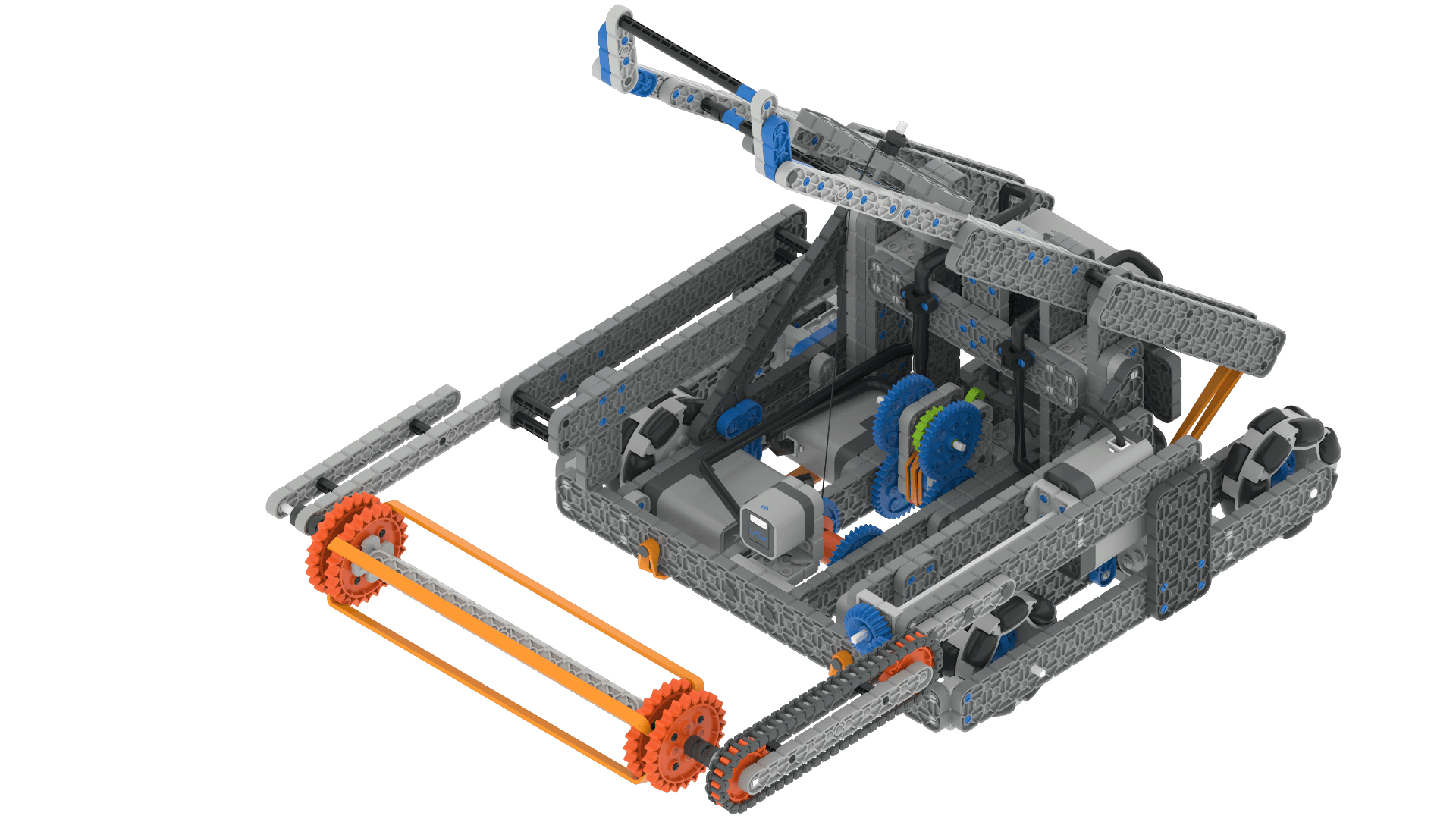 Schéma znázorňující komponenty a design soutěžního robota VEX IQ, představující klíčové prvky pro vzdělávací robotické projekty a přípravu na soutěž.