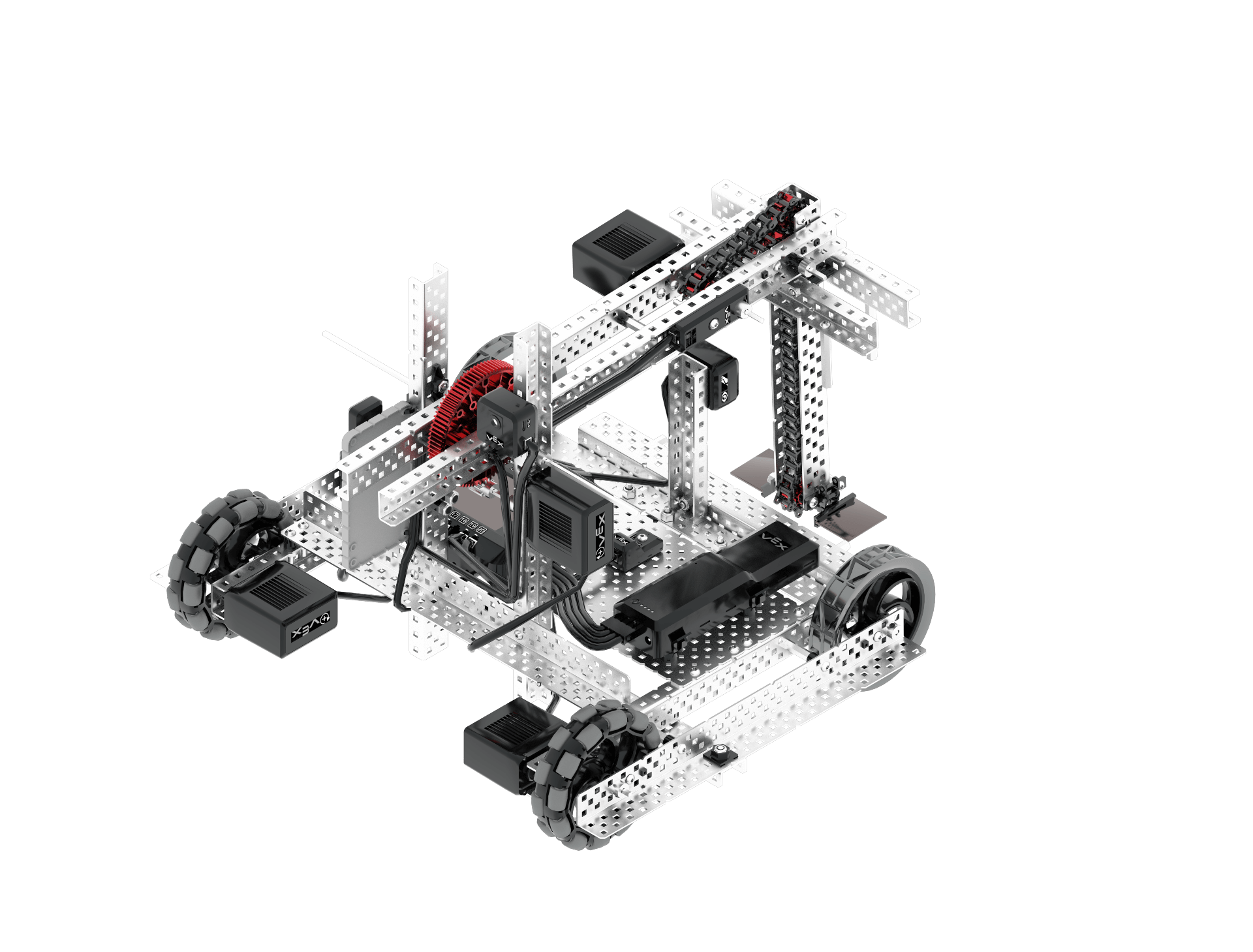 Diagrama, iliustruojanti V5 varžybų roboto komponentus ir savybes, pabrėžianti pagrindines dalis ir jų funkcijas pagal V5 robotikos varžybų gaires.