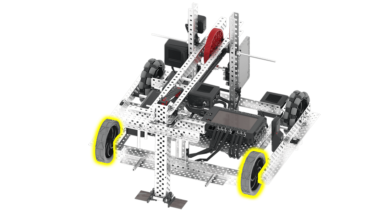 Diagram znázorňující komponenty a design soutěžního robota V5, představující různé části a jejich funkce v kontextu robotických soutěží.