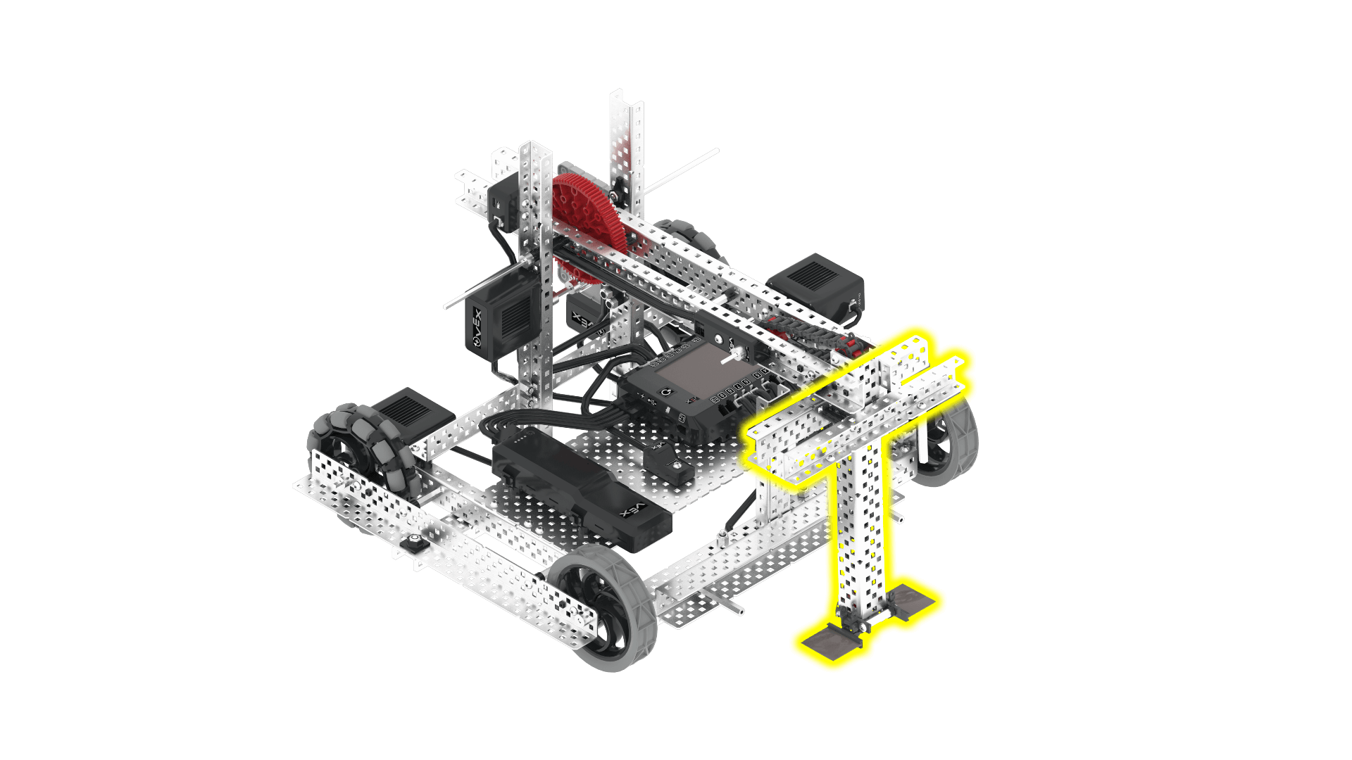 Schéma soutěžního robota VEX V5 předvádějící různé komponenty a jejich uspořádání, ilustrující design a strukturu pro soutěžní robotiku.