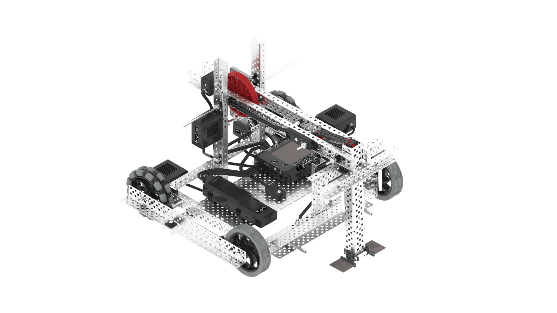 VEX V5 бәсекелестік роботының диаграммасы оның құрамдас бөліктері мен құрылымын көрсетеді, жарыс роботтарына арналған V5 санаты сипаттамасына қатысты негізгі мүмкіндіктерді көрсетеді.