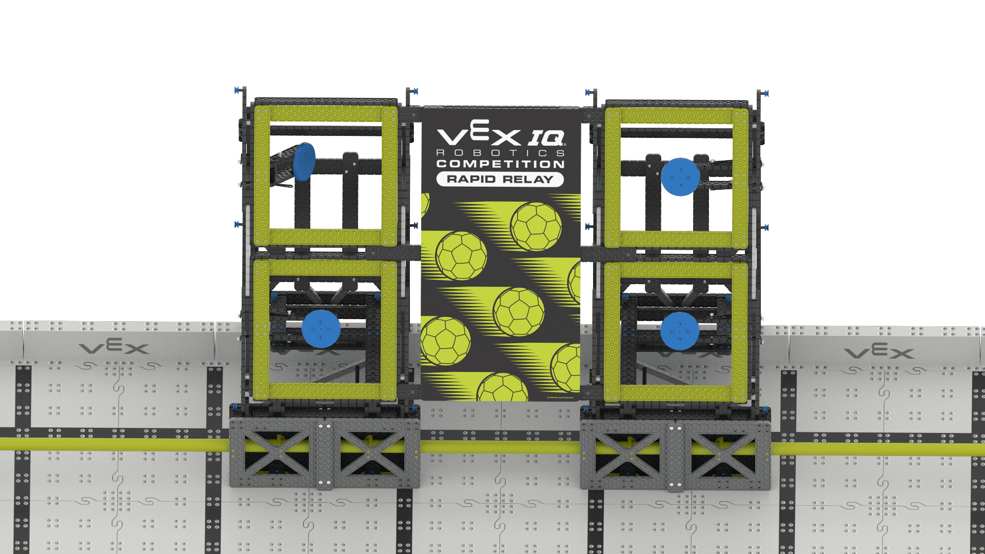 একটি VEX IQ প্রতিযোগিতার রোবটের উপাদান এবং সমাবেশের চিত্র, মূল অংশগুলি এবং শিক্ষামূলক রোবোটিক্স প্রকল্পগুলির জন্য তাদের ব্যবস্থা প্রদর্শন করে।