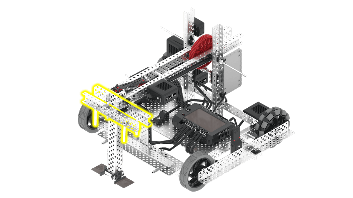 Diagramma, kas ilustrē VEX V5 sacensību robota sastāvdaļas un struktūru, izceļot galvenās funkcijas un detaļas, kas attiecas uz sacensību dizainu un funkcionalitāti.