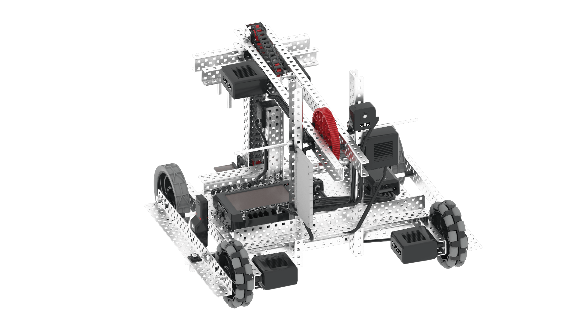 Diagrama de un robot de competición VEX V5 que muestra varios componentes y configuraciones, ilustrando los elementos de diseño relevantes para la robótica de competición.