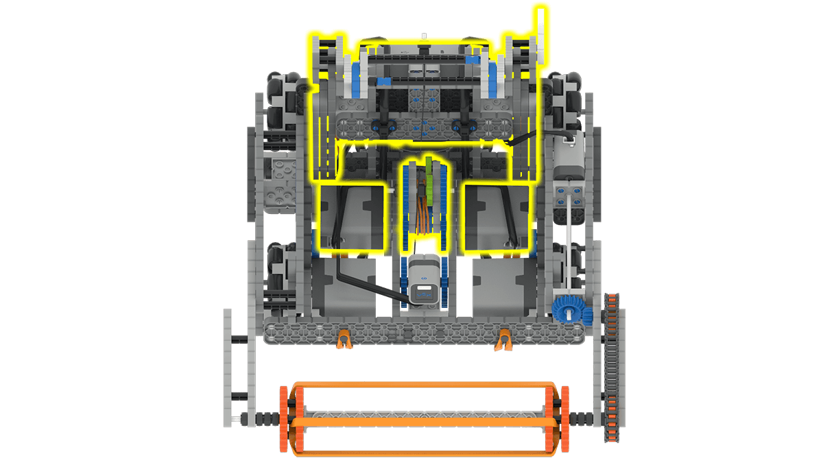 Diagramm eines VEX IQ-Wettkampfroboters mit den wichtigsten Komponenten und Montageanleitungen, das Pädagogen und Schülern beim Bau effektiver Roboter für Wettkämpfe helfen soll.