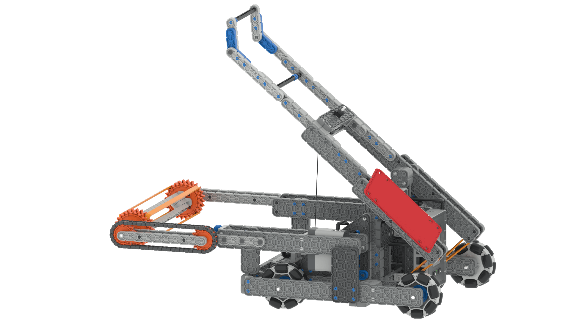 Diagramm, das das Design und die Komponenten eines VEX IQ-Wettkampfroboters veranschaulicht und verschiedene Teile und ihre Anordnung für eine optimale Leistung bei Roboterwettbewerben zeigt.