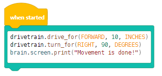 Screenshot dell'interfaccia del tutorial VEX IQ Blocks, che mostra blocchi di programmazione ed elementi di codifica progettati per scopi didattici nella robotica, rivolti a principianti e insegnanti che utilizzano la piattaforma VEX IQ.