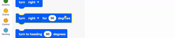 يتم سحب VEXcode 123 Turn for block من Toolblox إلى مساحة العمل. يقرأ المربع "انعطف يمينًا لمدة 90 درجة".