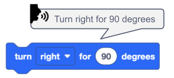VEXcode 123 上に吹き出しがあるブロックを回します。 吹き出しには「90 度右に曲がってください」というテキストが含まれており、ブロックが読み上げられていることを示すスピーカーのアイコンが表示されます。
