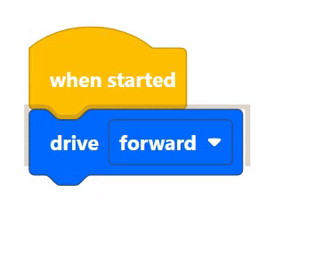 Interfaz VEXcode con una pila de bloques que consiste en un bloque When Started y un bloque Drive. La pila y la barra de cursor amarilla están en el bloque Drive. Después de presionar la tecla X, el bloque de accionamiento se separa de la pila.