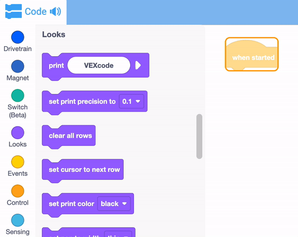Kuvakaappaus VEX IQ Blocks -ohjelmointiopetusohjelmasta, jossa esitellään erilaisia ​​ohjelmointilohkoja ja niiden toimintoja koulutusrobotiikkaprojekteihin.