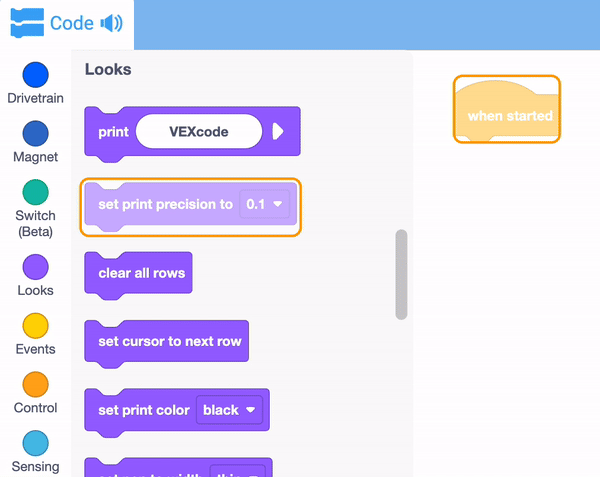 Näyttökaappaus VEX IQ Blocks -opetuskäyttöliittymästä, joka esittelee ohjelmointilohkoja ja vaihtoehtoja robottiprojektien rakentamiseen. Tarkoituksena on opettaa robotiikan aloittelijoille.