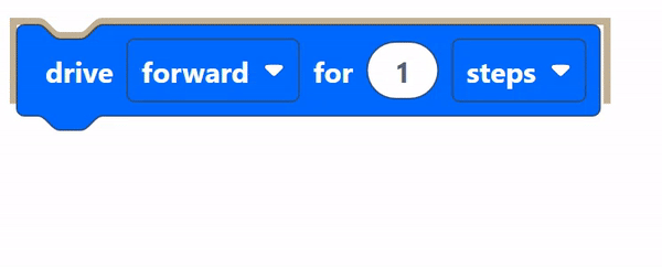 Een Drive For-blok heeft een gele cursorbalk bovenaan het blok. Vervolgens verdwijnt de cursorbalk en wordt de eerste parameter van het dropdown-menu in het blok gemarkeerd. Momenteel staat hier 'vooruit'.