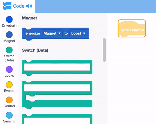 Snímek obrazovky rozhraní VEXcode IQ Blocks zobrazující programovací bloky a pracovní prostor, ilustrující výukový program pro platformu VEX IQ Robotics, zaměřený na pedagogy a studenty, kteří se učí koncepty robotiky.